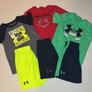 Boys Under armour size 5 tee and shorts bundle bright yellow green red black